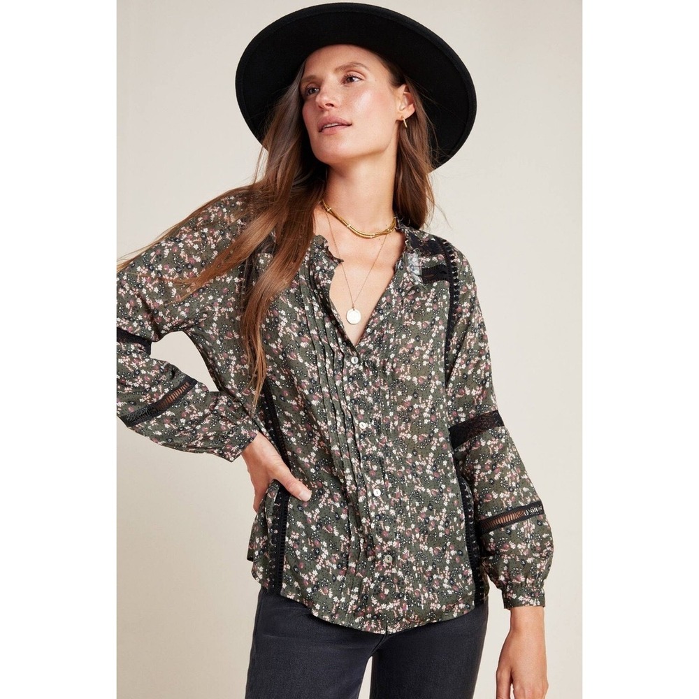 Dolan Anthropologie Lorien Lace Peasant  Floral Print Long Sleeve Blouse Top Med